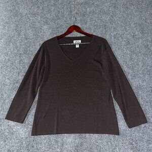 Chicos Top Womens Large Brown Stretch Long Sleeve Popover Blouse V Neck